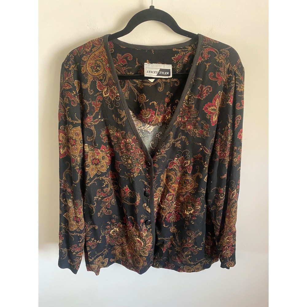 Stacey Tyler Vintage Paisley Floral Rayon Button Front Light Jacket Black XL